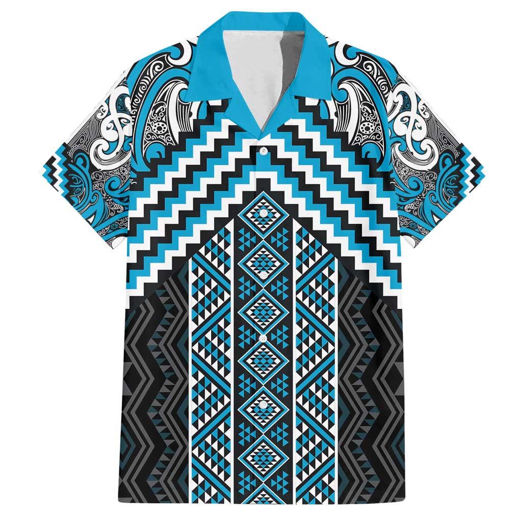 Maori Tukutuku Taniko Motifs Family Matching Puletasi and Hawaiian Shirt Turquoise Poutama Mix Kowhaiwhai LT7 Dad's Shirt - Short Sleeve Turquoise - Polynesian Pride