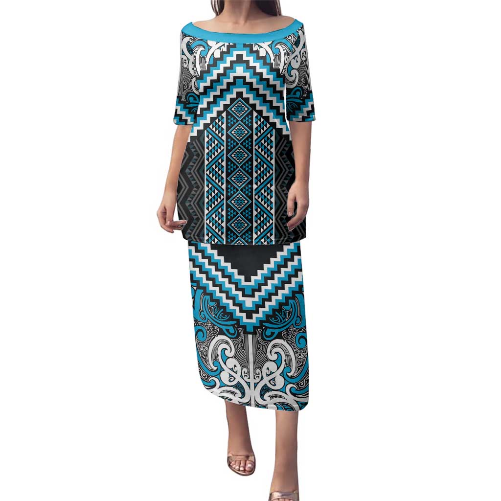 Maori Tukutuku Taniko Motifs Family Matching Puletasi and Hawaiian Shirt Turquoise Poutama Mix Kowhaiwhai LT7 Mom's Dress Turquoise - Polynesian Pride