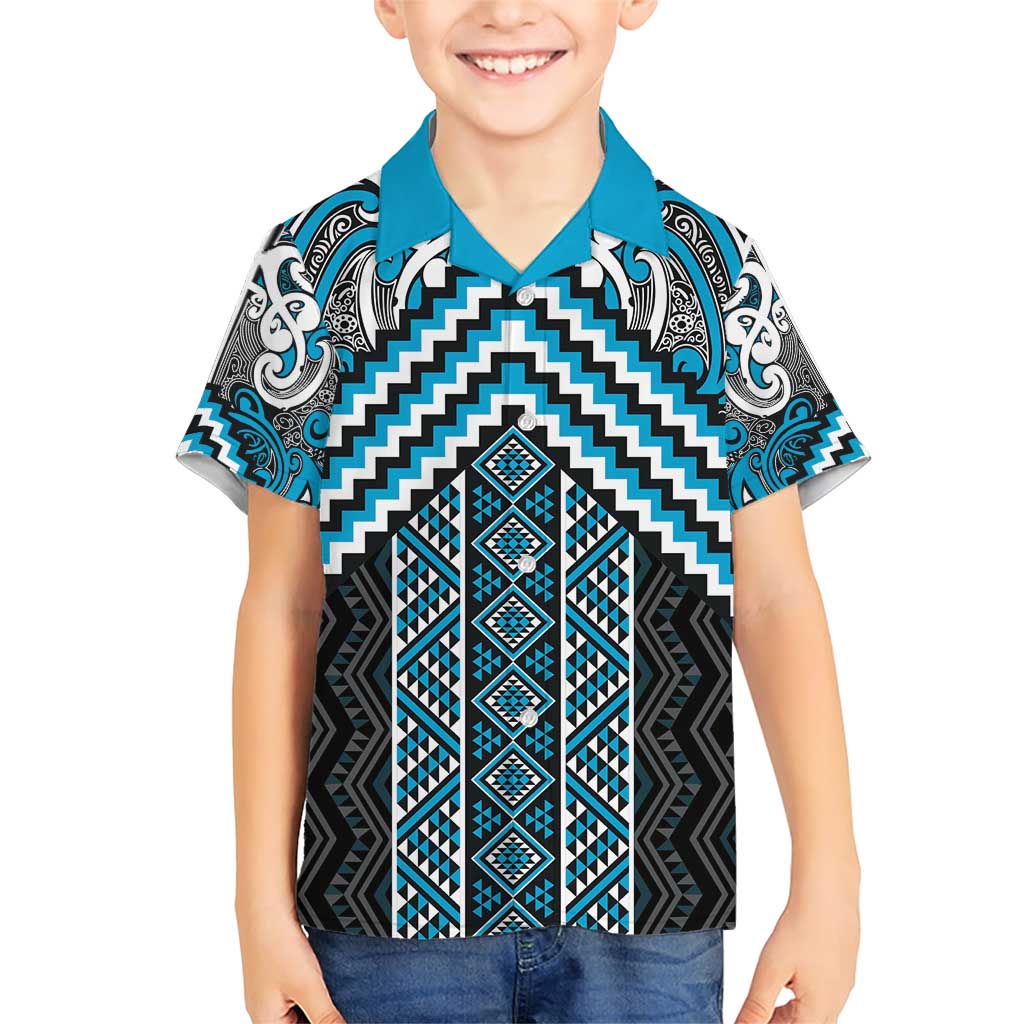 Maori Tukutuku Taniko Motifs Family Matching Short Sleeve Bodycon Dress and Hawaiian Shirt Turquoise Poutama Mix Kowhaiwhai LT7 Son's Shirt Turquoise - Polynesian Pride