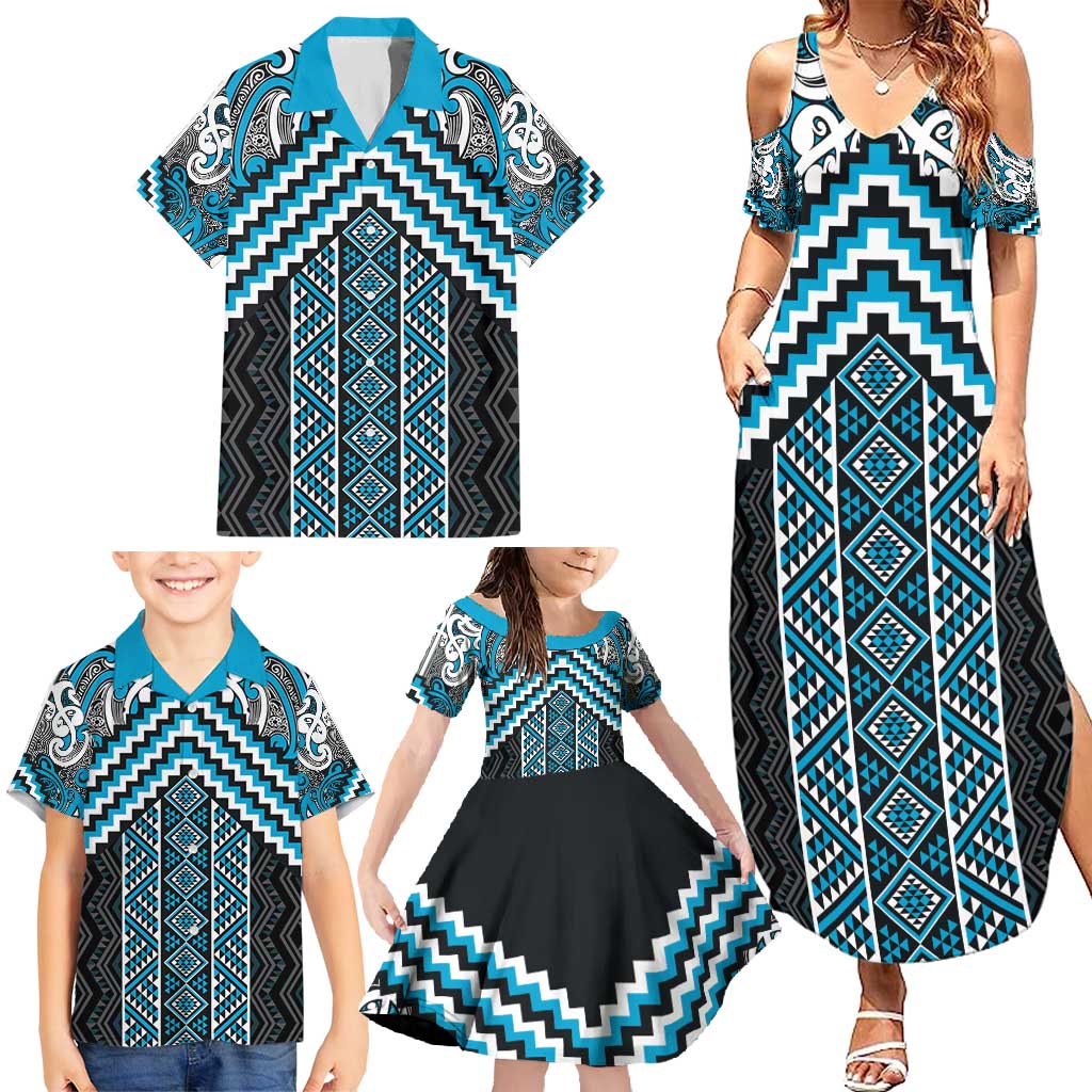 Maori Tukutuku Taniko Motifs Family Matching Summer Maxi Dress and Hawaiian Shirt Turquoise Poutama Mix Kowhaiwhai LT7 - Polynesian Pride
