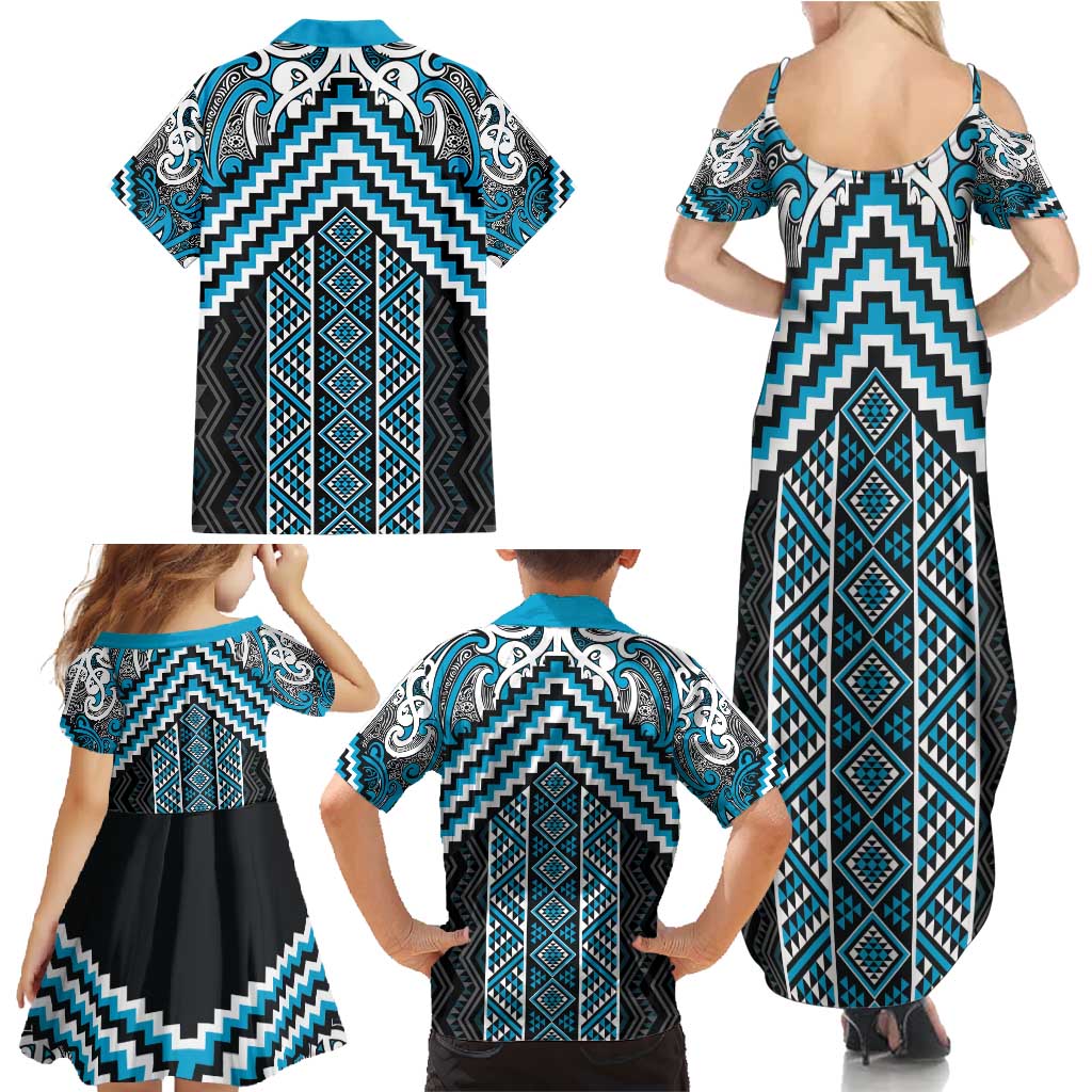 Maori Tukutuku Taniko Motifs Family Matching Summer Maxi Dress and Hawaiian Shirt Turquoise Poutama Mix Kowhaiwhai LT7 - Polynesian Pride