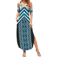 Maori Tukutuku Taniko Motifs Family Matching Summer Maxi Dress and Hawaiian Shirt Turquoise Poutama Mix Kowhaiwhai LT7 Mom's Dress Turquoise - Polynesian Pride