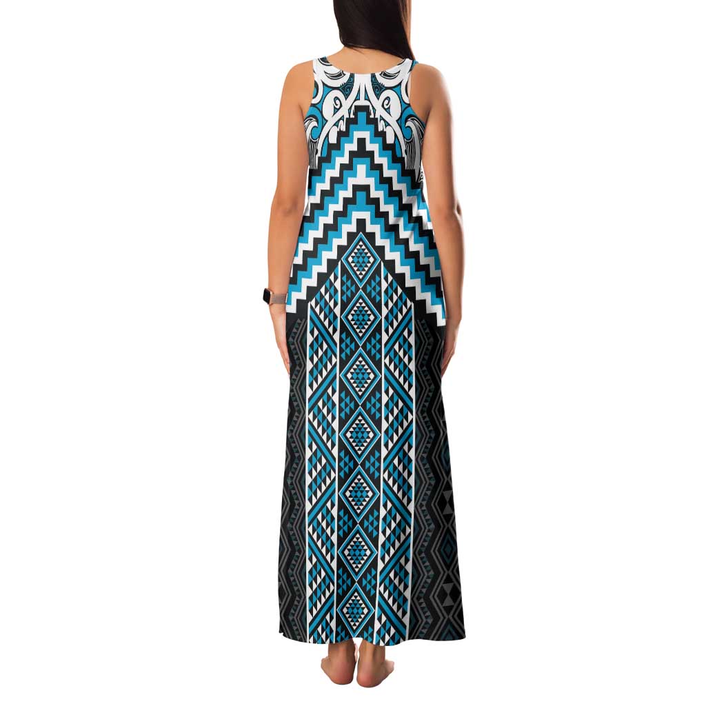 Maori Tukutuku Taniko Motifs Family Matching Tank Maxi Dress and Hawaiian Shirt Turquoise Poutama Mix Kowhaiwhai LT7 - Polynesian Pride