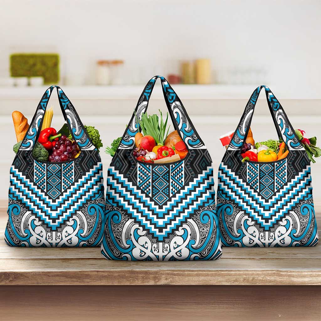 Maori Tukutuku Taniko Motifs Grocery Bag Turquoise Poutama Mix Kowhaiwhai LT7 3-pack One Size Turquoise - Polynesian Pride