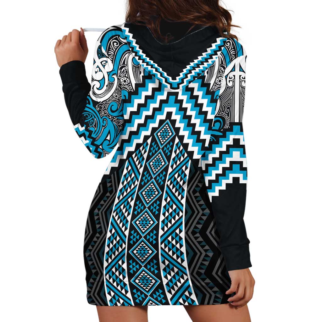 Maori Tukutuku Taniko Motifs Hoodie Dress Turquoise Poutama Mix Kowhaiwhai LT7 - Polynesian Pride