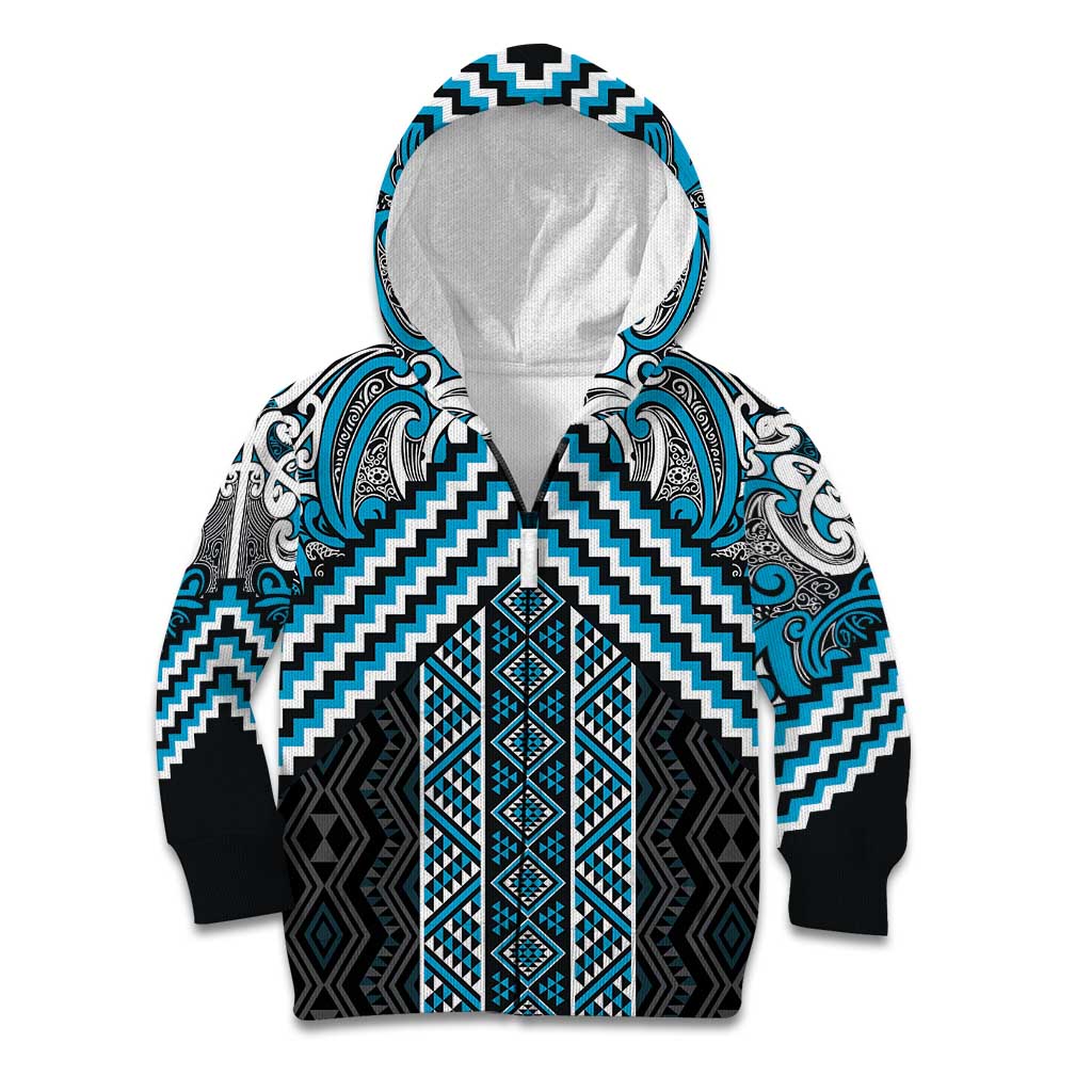 Maori Tukutuku Taniko Motifs Kid Hoodie Turquoise Poutama Mix Kowhaiwhai LT7 Zip Hoodie Turquoise - Polynesian Pride
