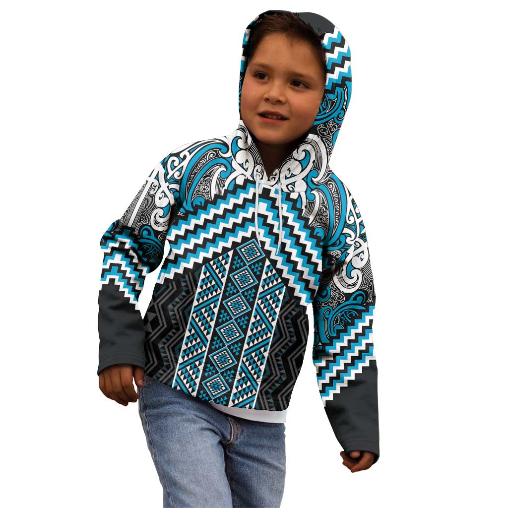 Maori Tukutuku Taniko Motifs Kid Hoodie Turquoise Poutama Mix Kowhaiwhai LT7 - Polynesian Pride