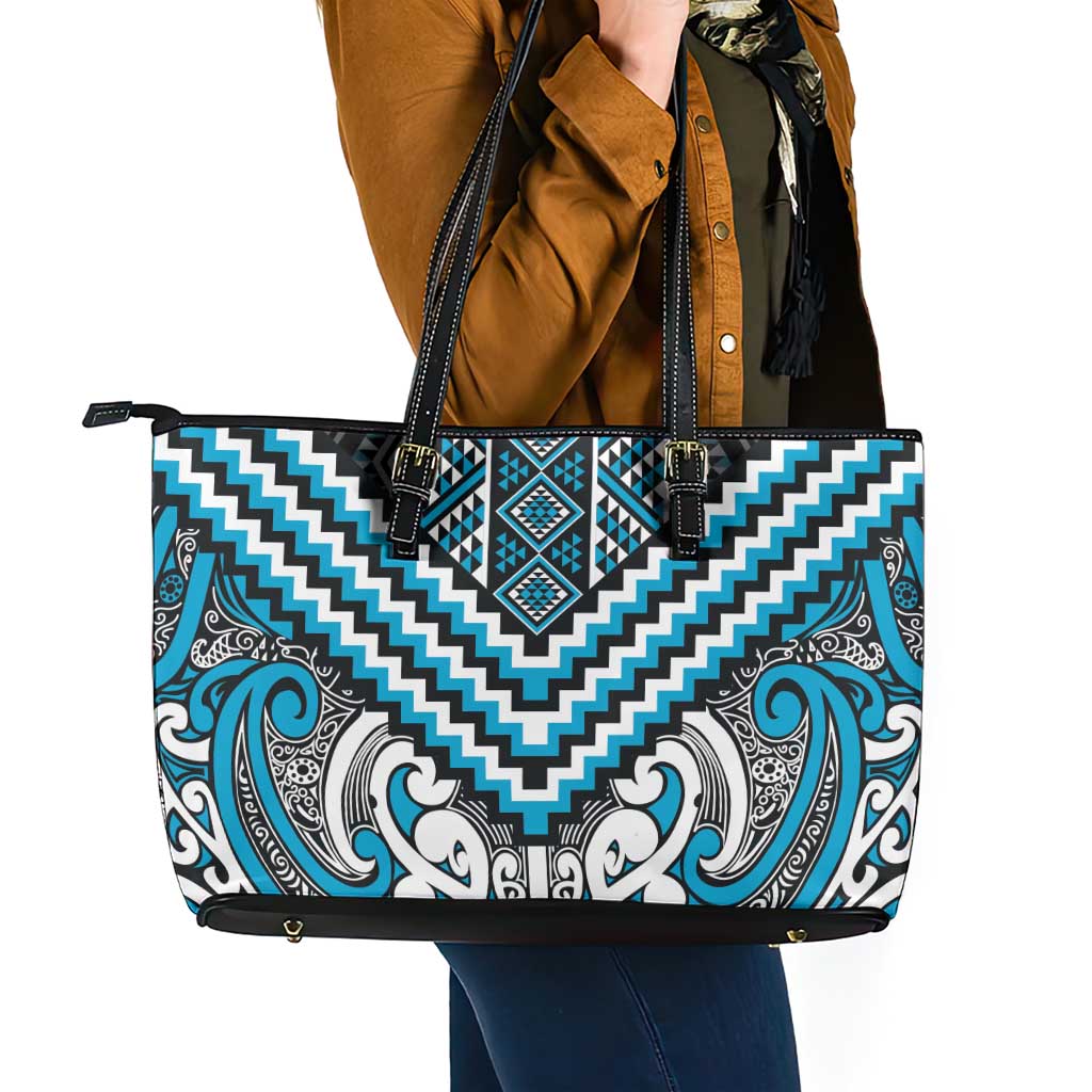 Maori Tukutuku Taniko Motifs Leather Tote Bag Turquoise Poutama Mix Kowhaiwhai LT7 - Polynesian Pride