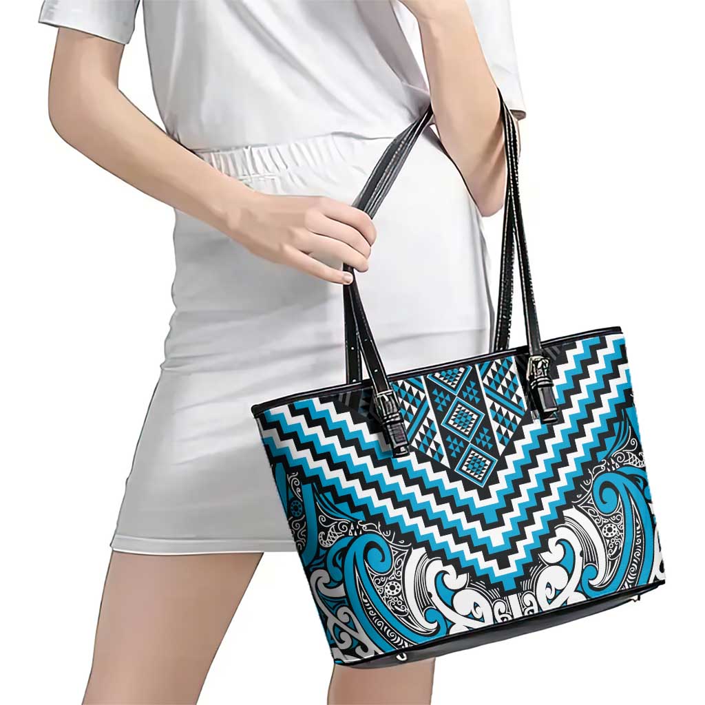Maori Tukutuku Taniko Motifs Leather Tote Bag Turquoise Poutama Mix Kowhaiwhai LT7 - Polynesian Pride