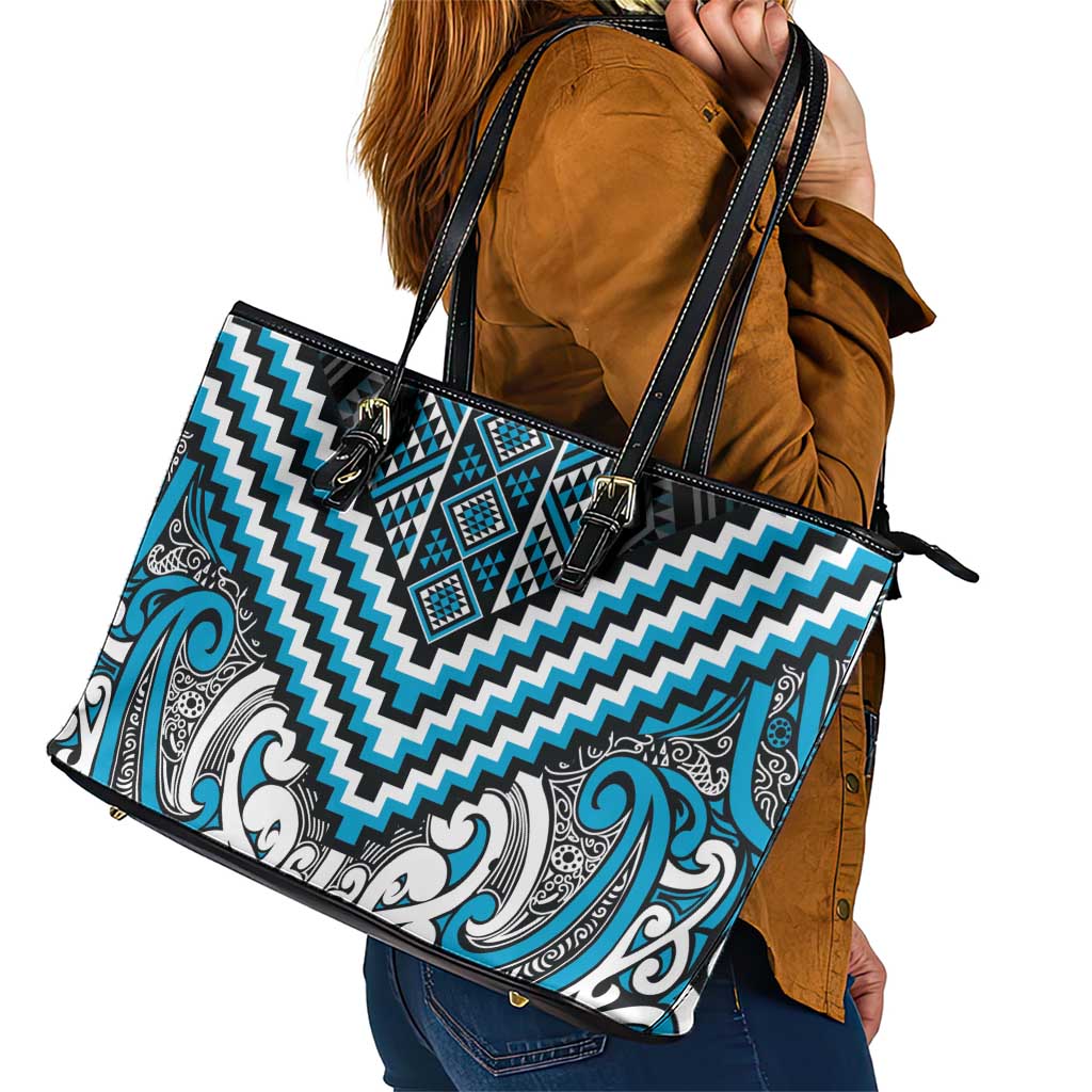 Maori Tukutuku Taniko Motifs Leather Tote Bag Turquoise Poutama Mix Kowhaiwhai LT7 - Polynesian Pride