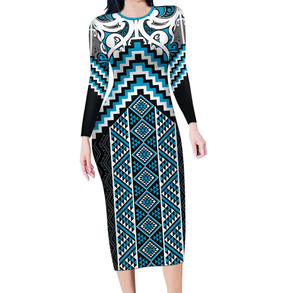 Maori Tukutuku Taniko Motifs Long Sleeve Bodycon Dress Turquoise Poutama Mix Kowhaiwhai LT7 Long Dress Turquoise - Polynesian Pride