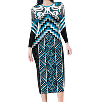 Maori Tukutuku Taniko Motifs Long Sleeve Bodycon Dress Turquoise Poutama Mix Kowhaiwhai LT7 Long Dress Turquoise - Polynesian Pride