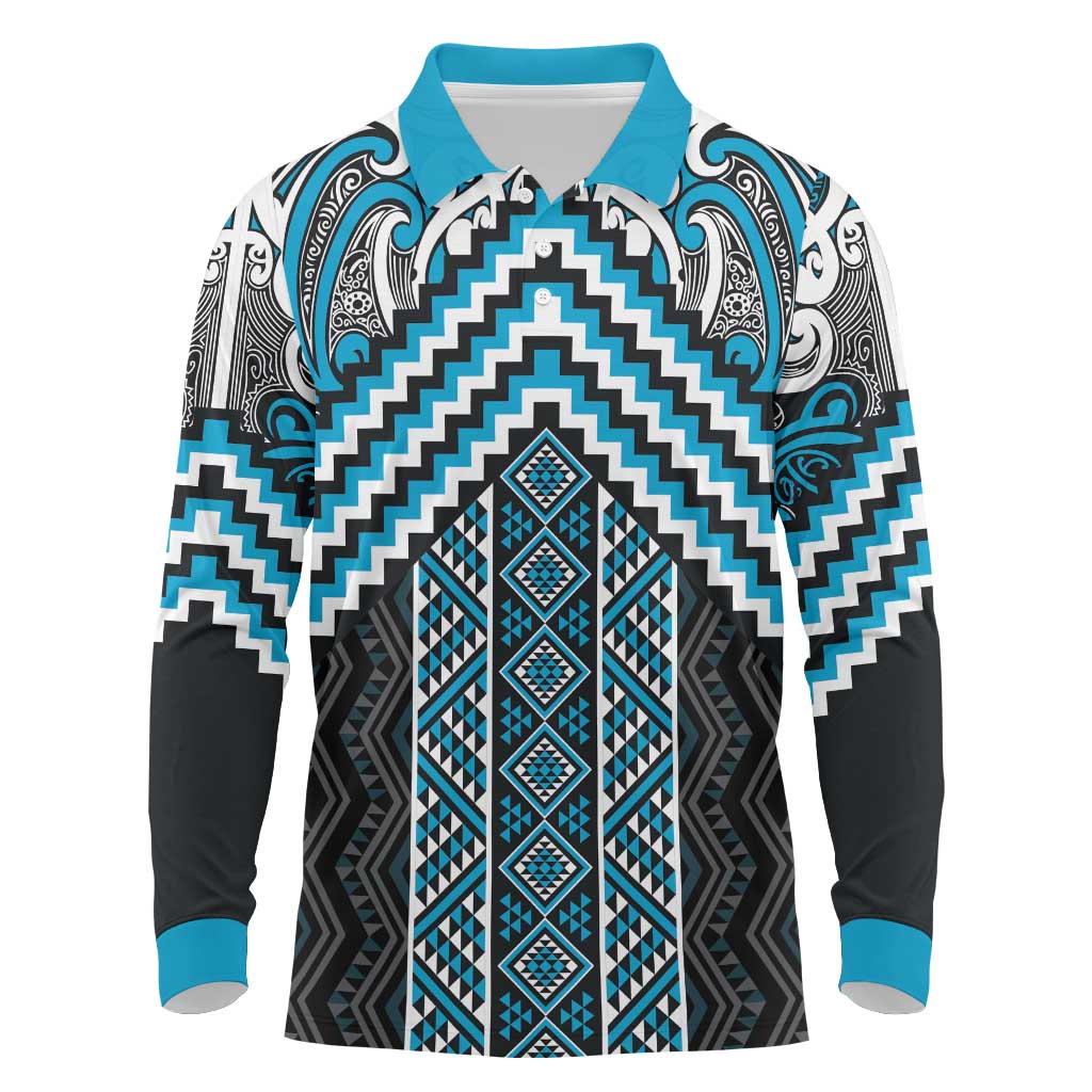 Maori Tukutuku Taniko Motifs Long Sleeve Polo Shirt Turquoise Poutama Mix Kowhaiwhai LT7 Turquoise - Polynesian Pride