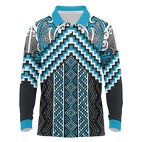 Maori Tukutuku Taniko Motifs Long Sleeve Polo Shirt Turquoise Poutama Mix Kowhaiwhai LT7 Turquoise - Polynesian Pride