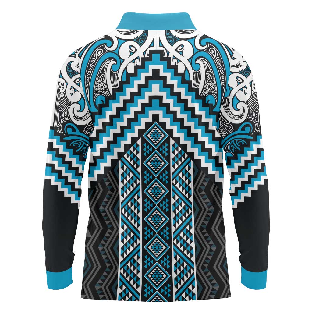 Maori Tukutuku Taniko Motifs Long Sleeve Polo Shirt Turquoise Poutama Mix Kowhaiwhai LT7 - Polynesian Pride