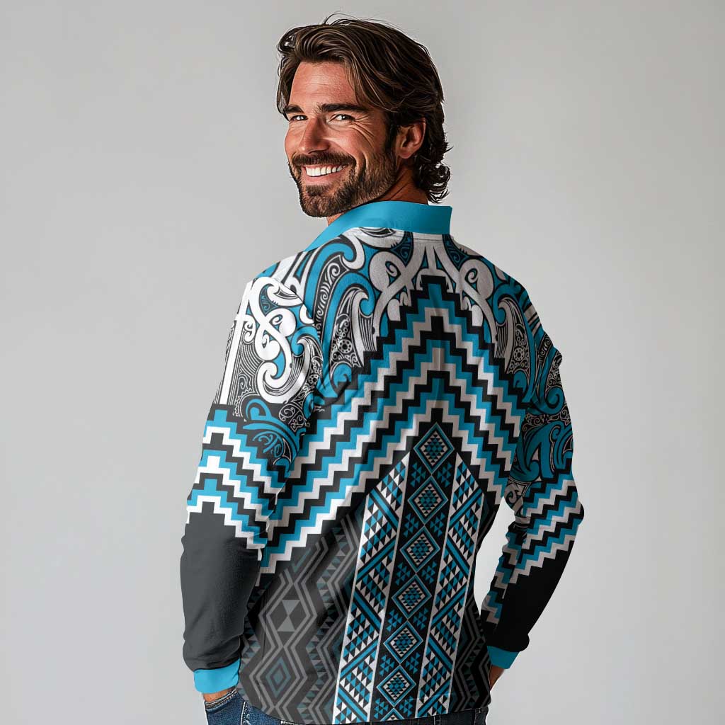 Maori Tukutuku Taniko Motifs Long Sleeve Polo Shirt Turquoise Poutama Mix Kowhaiwhai LT7 - Polynesian Pride