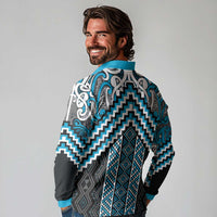 Maori Tukutuku Taniko Motifs Long Sleeve Polo Shirt Turquoise Poutama Mix Kowhaiwhai LT7 - Polynesian Pride