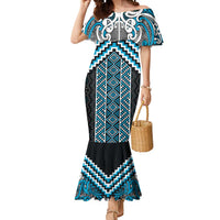 Maori Tukutuku Taniko Motifs Mermaid Dress Turquoise Poutama Mix Kowhaiwhai LT7 Women Turquoise - Polynesian Pride