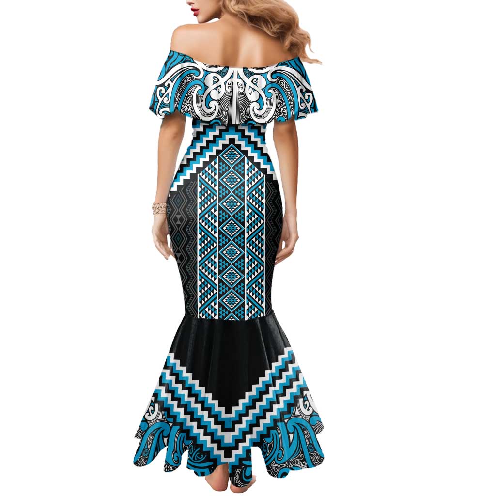 Maori Tukutuku Taniko Motifs Mermaid Dress Turquoise Poutama Mix Kowhaiwhai LT7 - Polynesian Pride