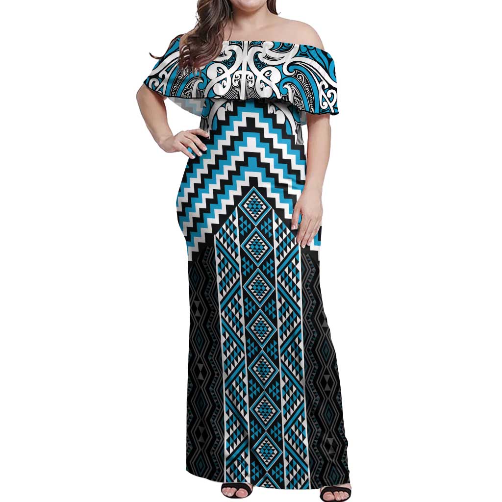 Maori Tukutuku Taniko Motifs Off Shoulder Maxi Dress Turquoise Poutama Mix Kowhaiwhai LT7 Women Turquoise - Polynesian Pride