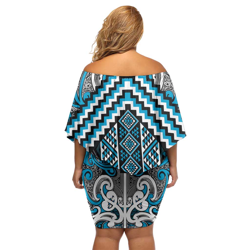 Maori Tukutuku Taniko Motifs Off Shoulder Short Dress Turquoise Poutama Mix Kowhaiwhai LT7 - Polynesian Pride