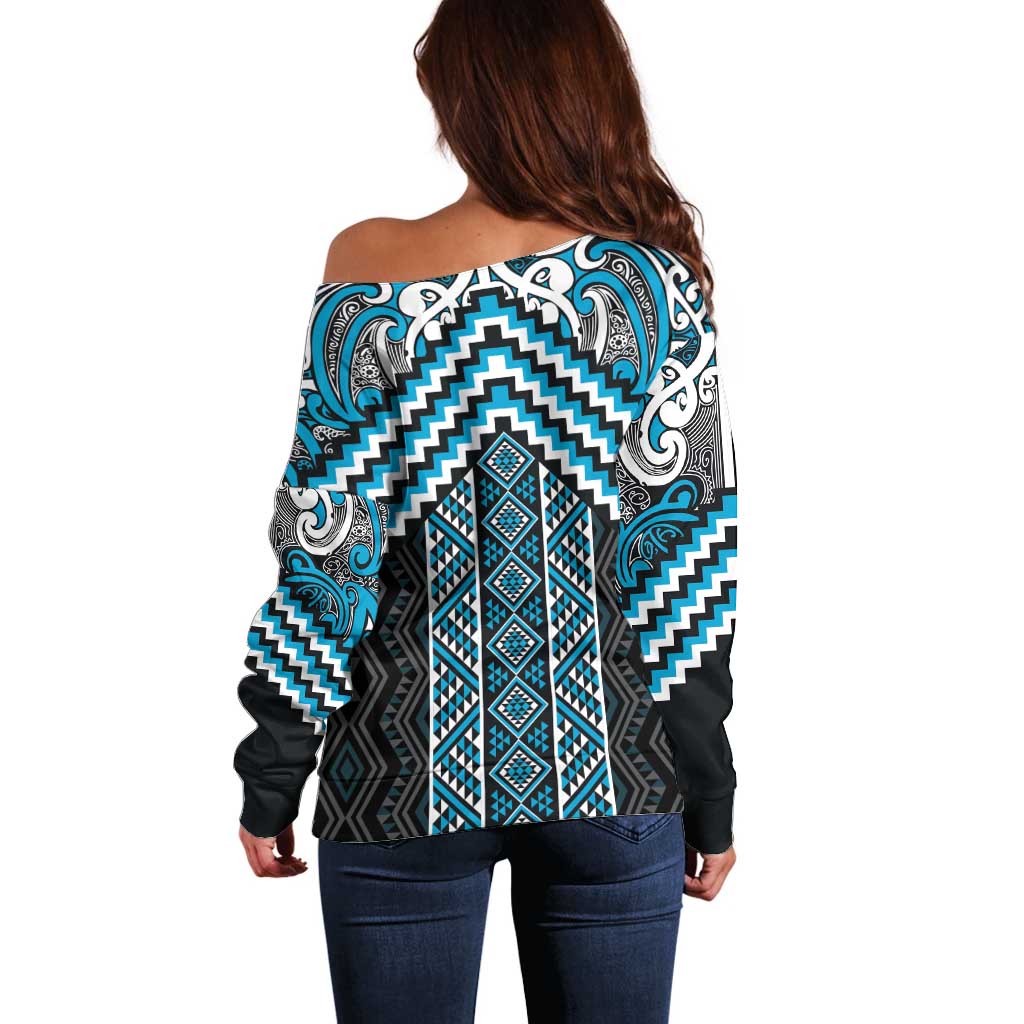 Maori Tukutuku Taniko Motifs Off Shoulder Sweater Turquoise Poutama Mix Kowhaiwhai LT7 - Polynesian Pride