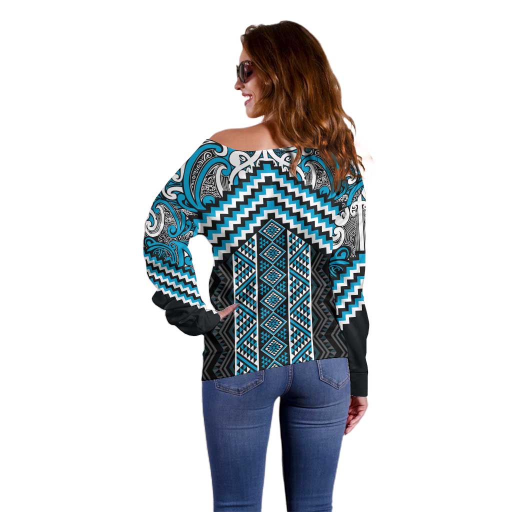 Maori Tukutuku Taniko Motifs Off Shoulder Sweater Turquoise Poutama Mix Kowhaiwhai LT7 - Polynesian Pride