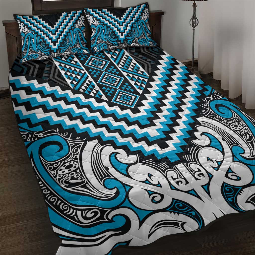 Maori Tukutuku Taniko Motifs Quilt Bed Set Turquoise Poutama Mix Kowhaiwhai LT7 Turquoise - Polynesian Pride