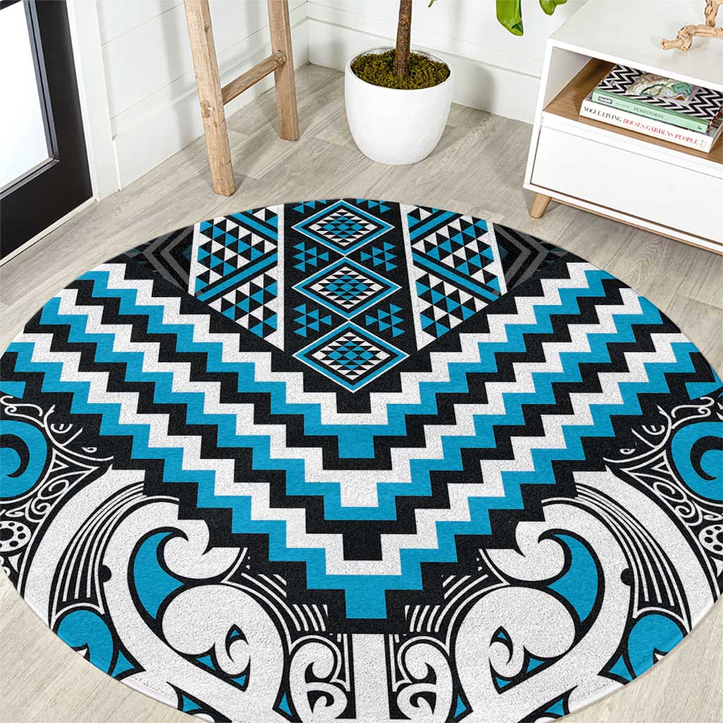 Maori Tukutuku Taniko Motifs Round Carpet Turquoise Poutama Mix Kowhaiwhai LT7 Turquoise - Polynesian Pride