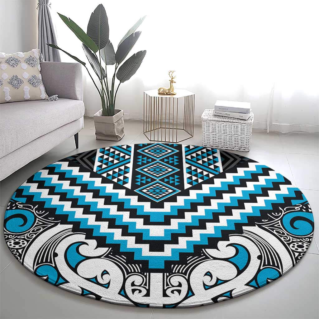 Maori Tukutuku Taniko Motifs Round Carpet Turquoise Poutama Mix Kowhaiwhai LT7 - Polynesian Pride
