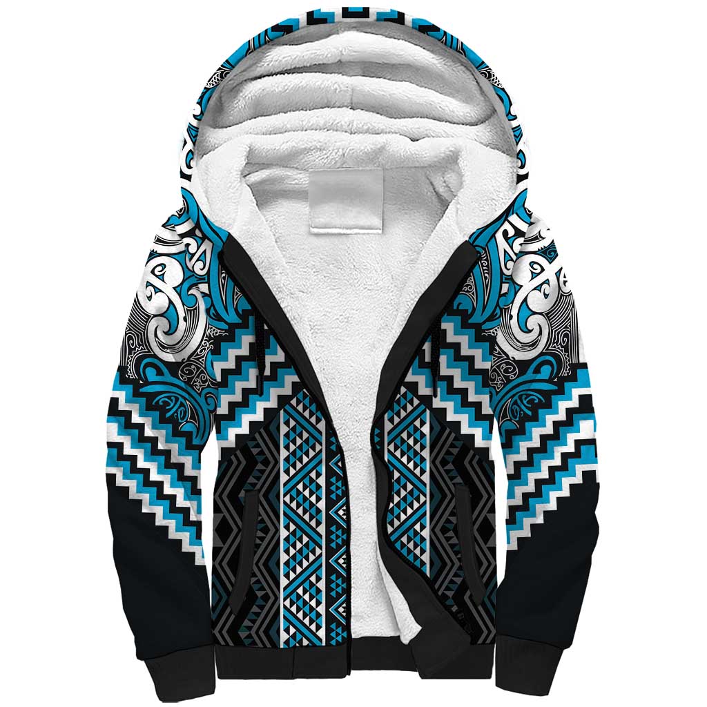 Maori Tukutuku Taniko Motifs Sherpa Hoodie Turquoise Poutama Mix Kowhaiwhai LT7 Unisex Turquoise - Polynesian Pride