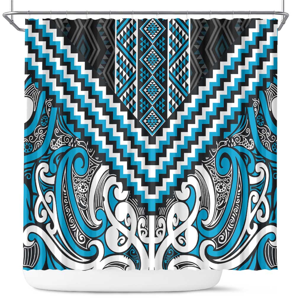 Maori Tukutuku Taniko Motifs Shower Curtain Turquoise Poutama Mix Kowhaiwhai LT7 Turquoise - Polynesian Pride