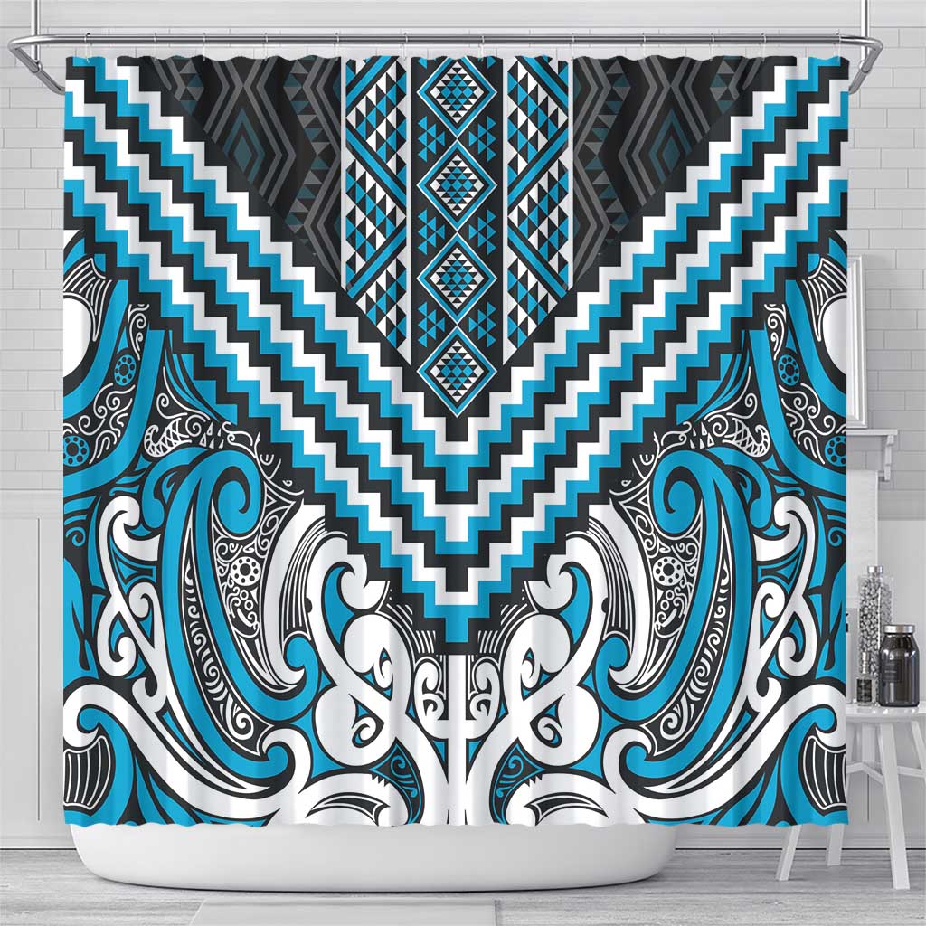 Maori Tukutuku Taniko Motifs Shower Curtain Turquoise Poutama Mix Kowhaiwhai LT7 - Polynesian Pride