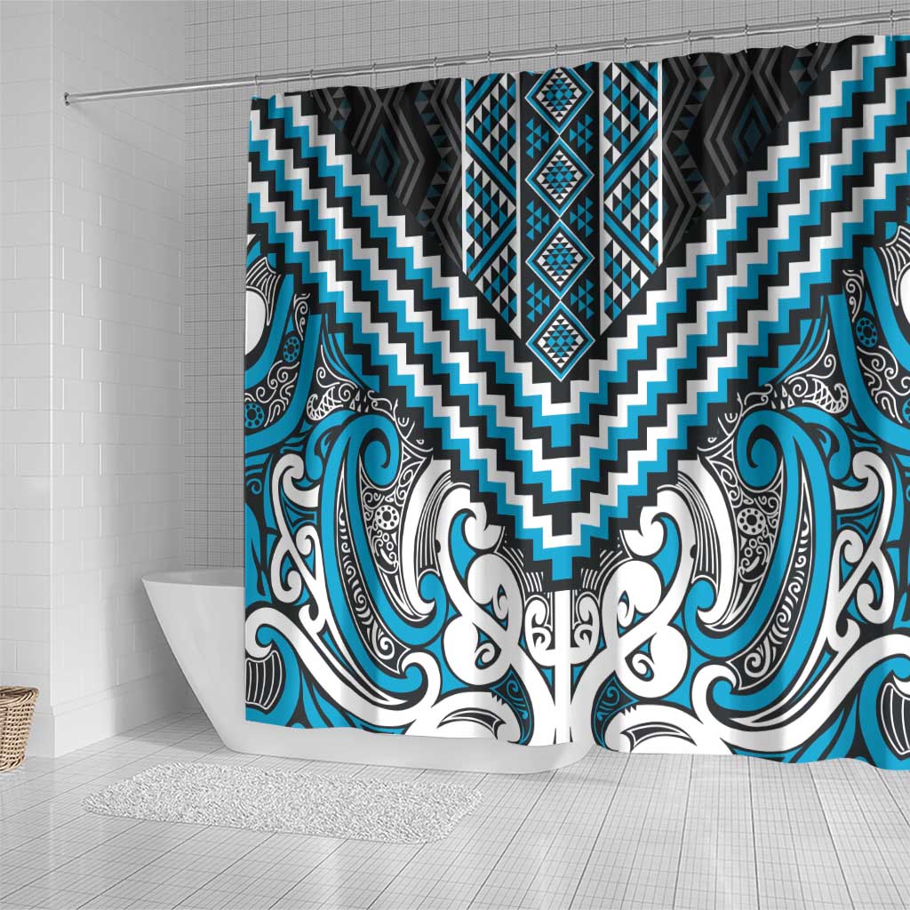 Maori Tukutuku Taniko Motifs Shower Curtain Turquoise Poutama Mix Kowhaiwhai LT7 - Polynesian Pride