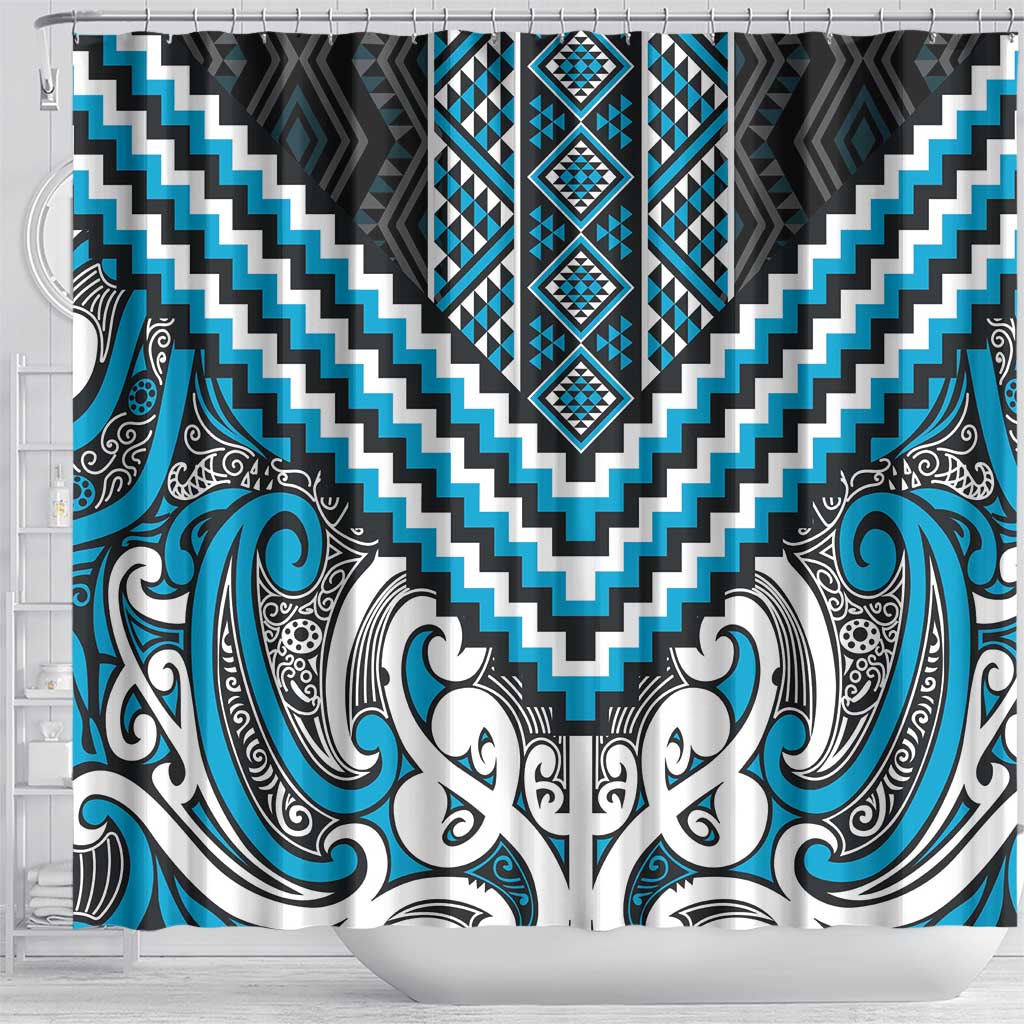 Maori Tukutuku Taniko Motifs Shower Curtain Turquoise Poutama Mix Kowhaiwhai LT7 - Polynesian Pride