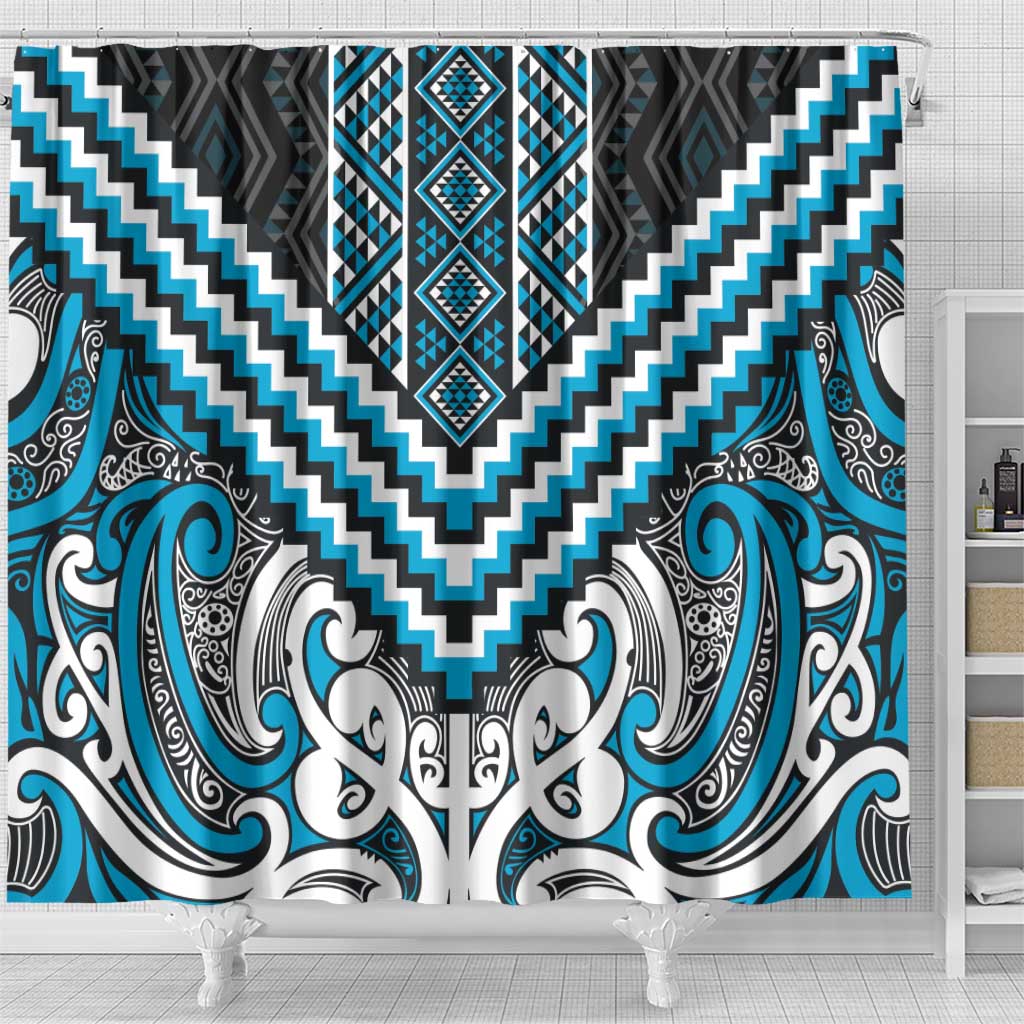 Maori Tukutuku Taniko Motifs Shower Curtain Turquoise Poutama Mix Kowhaiwhai LT7 - Polynesian Pride