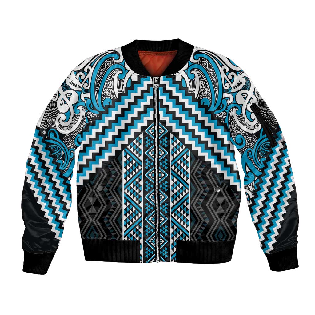 Maori Tukutuku Taniko Motifs Sleeve Zip Bomber Jacket Turquoise Poutama Mix Kowhaiwhai LT7 Unisex Turquoise - Polynesian Pride