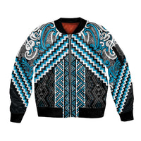 Maori Tukutuku Taniko Motifs Sleeve Zip Bomber Jacket Turquoise Poutama Mix Kowhaiwhai LT7 Unisex Turquoise - Polynesian Pride