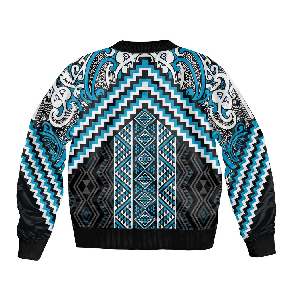 Maori Tukutuku Taniko Motifs Sleeve Zip Bomber Jacket Turquoise Poutama Mix Kowhaiwhai LT7 - Polynesian Pride