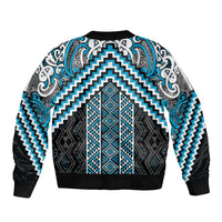 Maori Tukutuku Taniko Motifs Sleeve Zip Bomber Jacket Turquoise Poutama Mix Kowhaiwhai LT7 - Polynesian Pride