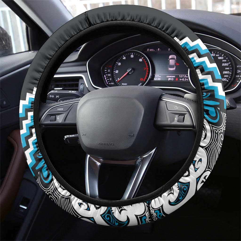 Maori Tukutuku Taniko Motifs Steering Wheel Cover Turquoise Poutama Mix Kowhaiwhai LT7 - Polynesian Pride