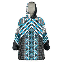 Maori Tukutuku Taniko Motifs Wearable Blanket Hoodie Turquoise Poutama Mix Kowhaiwhai LT7 One Size Turquoise - Polynesian Pride