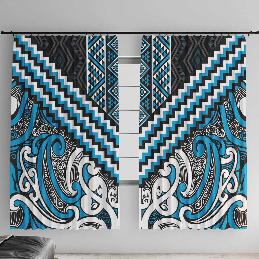 Maori Tukutuku Taniko Motifs Window Curtain Turquoise Poutama Mix Kowhaiwhai LT7 With Hooks Turquoise - Polynesian Pride