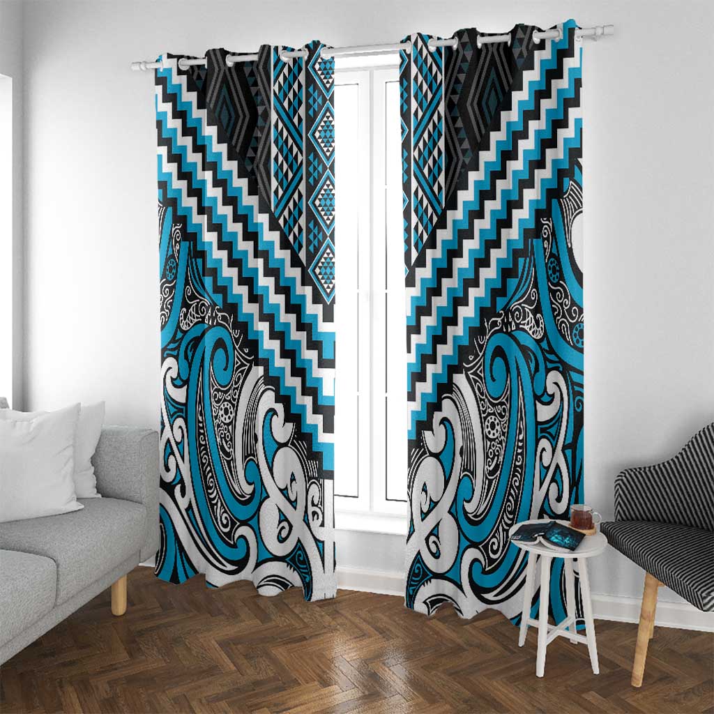 Maori Tukutuku Taniko Motifs Window Curtain Turquoise Poutama Mix Kowhaiwhai LT7 With Grommets Turquoise - Polynesian Pride