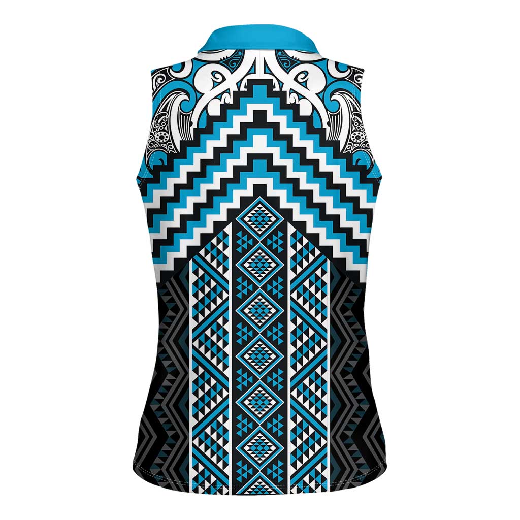 Maori Tukutuku Taniko Motifs Women Sleeveless Polo Shirt Turquoise Poutama Mix Kowhaiwhai LT7 - Polynesian Pride