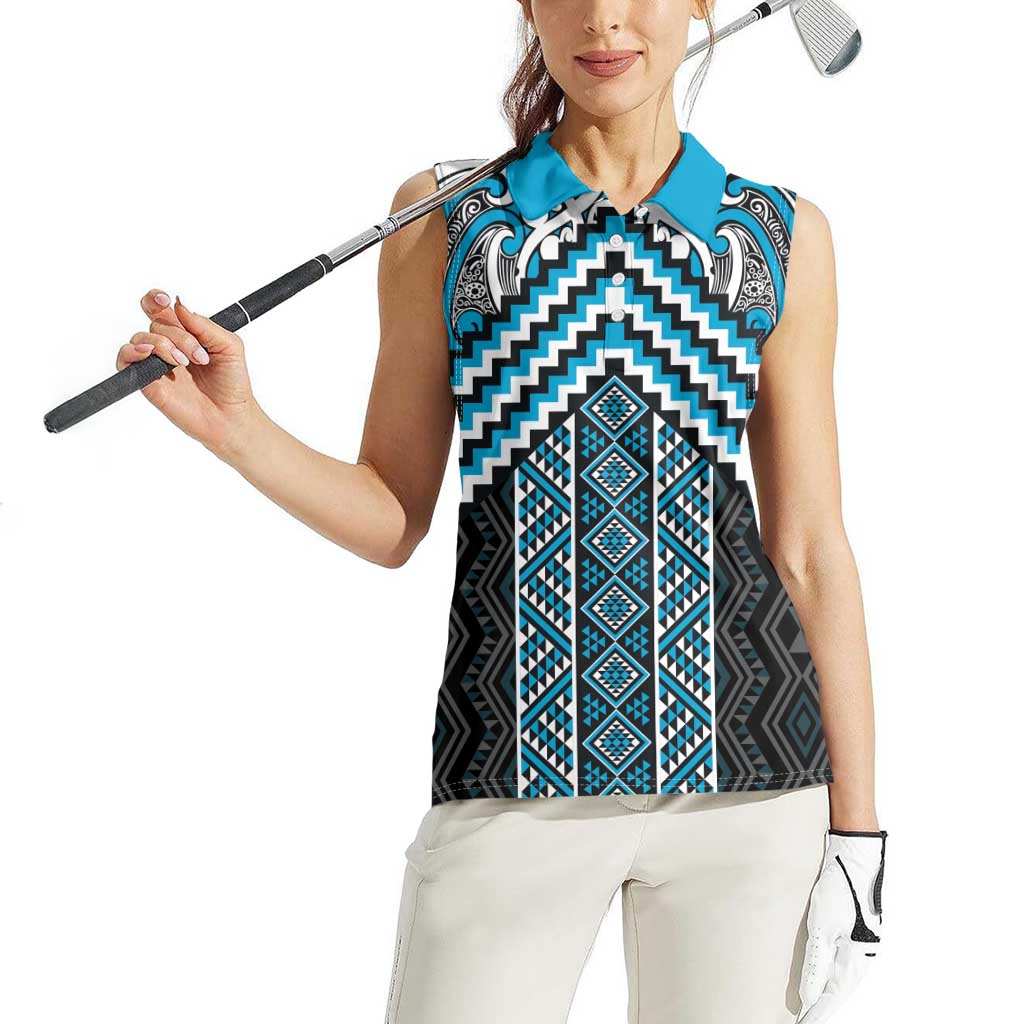 Maori Tukutuku Taniko Motifs Women Sleeveless Polo Shirt Turquoise Poutama Mix Kowhaiwhai LT7 - Polynesian Pride