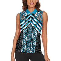 Maori Tukutuku Taniko Motifs Women Sleeveless Polo Shirt Turquoise Poutama Mix Kowhaiwhai LT7 - Polynesian Pride