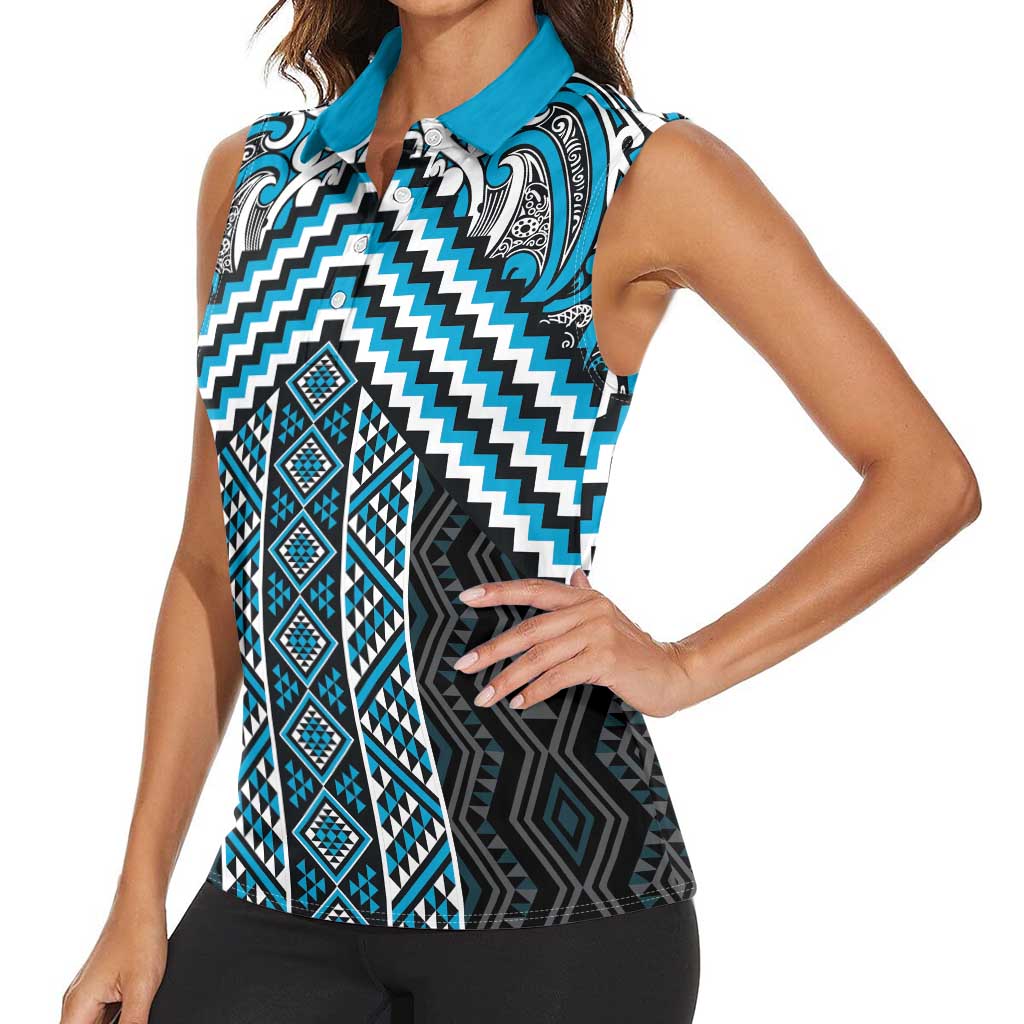 Maori Tukutuku Taniko Motifs Women Sleeveless Polo Shirt Turquoise Poutama Mix Kowhaiwhai LT7 - Polynesian Pride