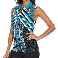 Maori Tukutuku Taniko Motifs Women Sleeveless Polo Shirt Turquoise Poutama Mix Kowhaiwhai LT7 - Polynesian Pride