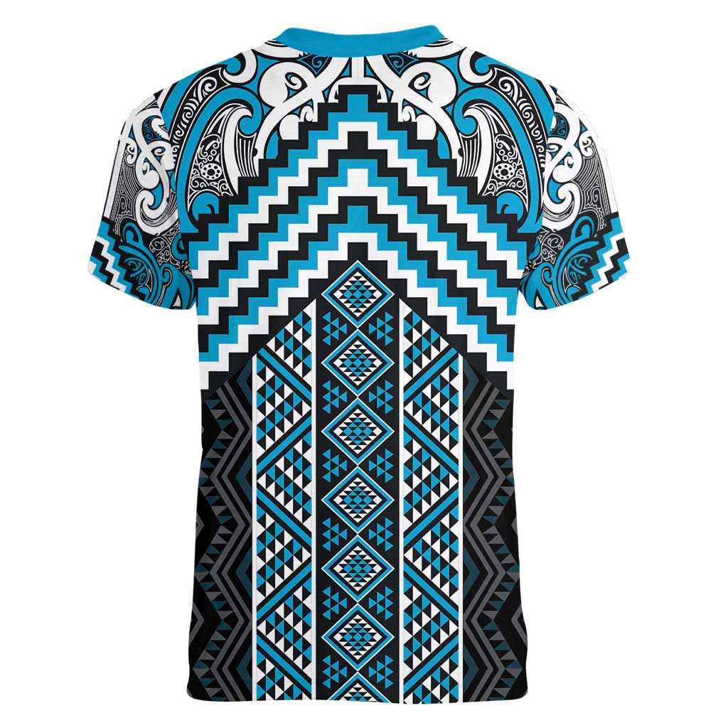Maori Tukutuku Taniko Motifs Women V-Neck T-Shirt Turquoise Poutama Mix Kowhaiwhai LT7 - Polynesian Pride